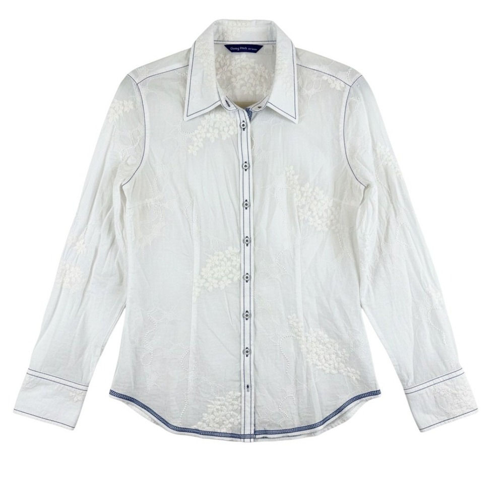 Georg Roth Los Angeles White Embroidered Sequin Button Shirt Navy Stitching L